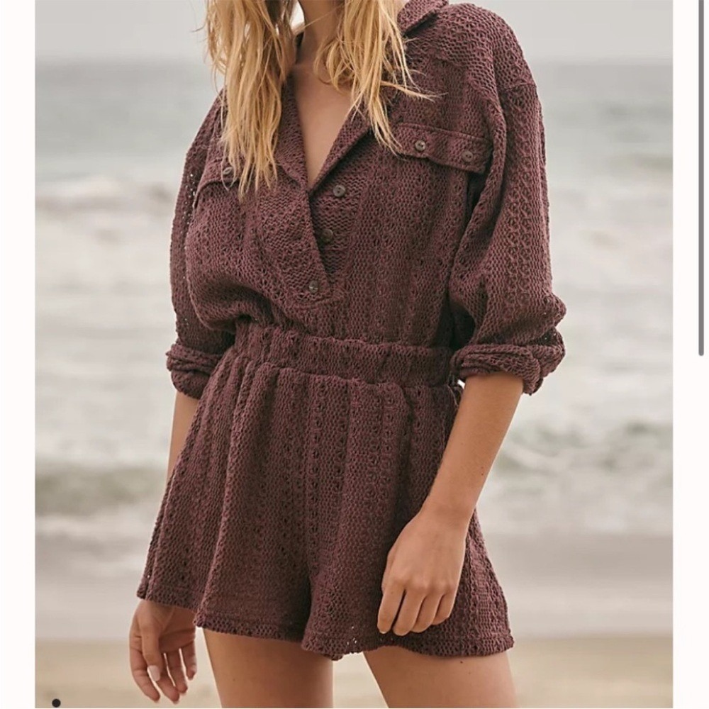 Free People FP Beach Ryan Romper Plum Jam Purple Crochet Size XS Boho Vacation